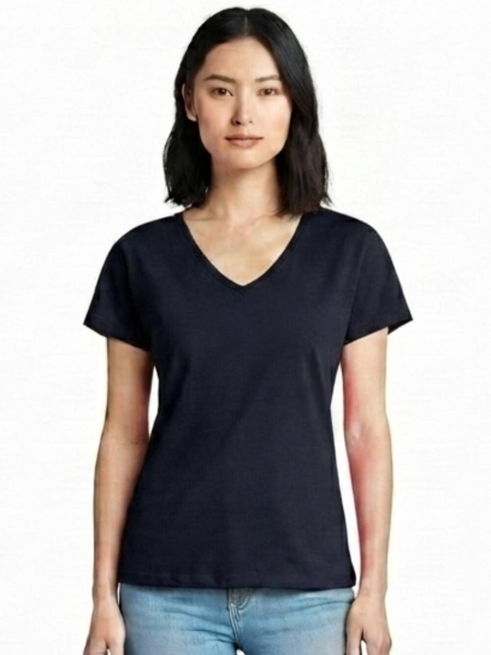 Joan Vass Navy Short Sleeve Cotton V Neck Tee NEW- Sz. XS